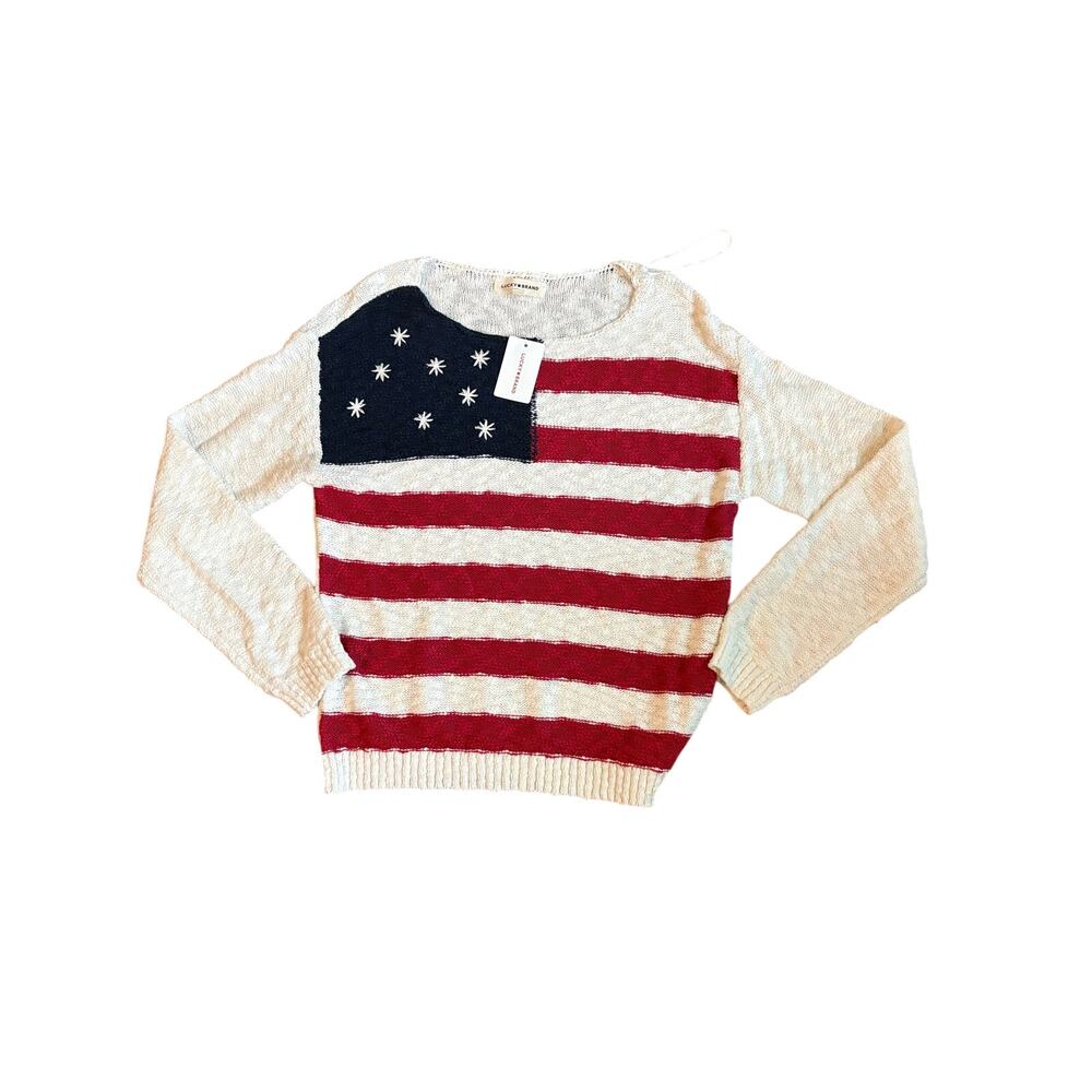 Women's Lucky Brand American Flag Embroidered Stars Knit Sweater Sz Small NWT